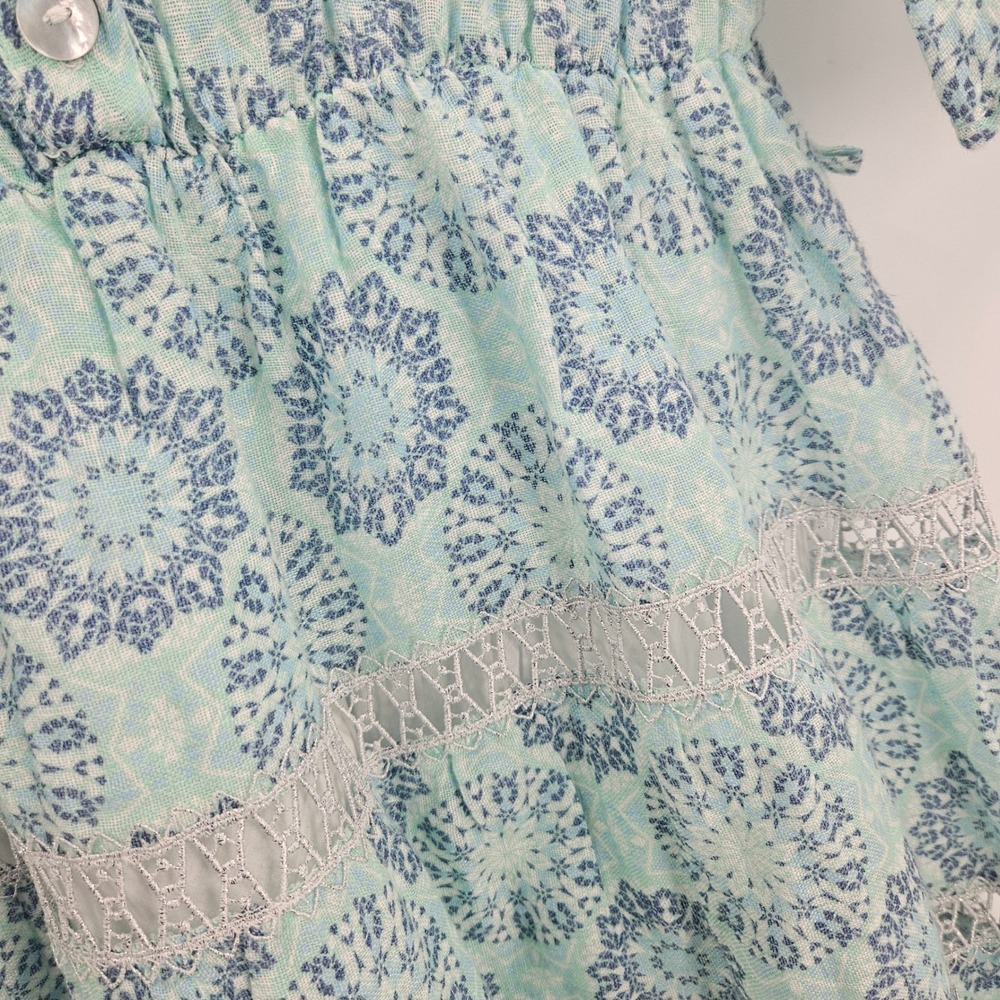 Temptation Positano Puebla Linen Dress Green Blue Medallion Lace Trim Mini Sz S - Picture 10 of 13